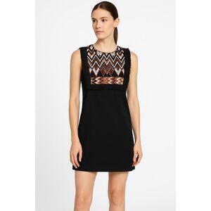 DKNY Black Geometric Embroidered Fringe Mini Sleeveless Shift Dress Womens XXS